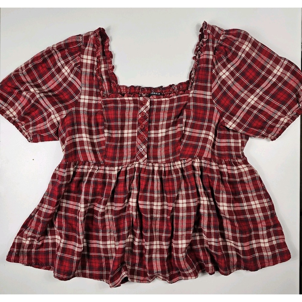 Torrid Peasant Top Womens 2 Red White Plaid Boho Flannel Button Down Short Sleev